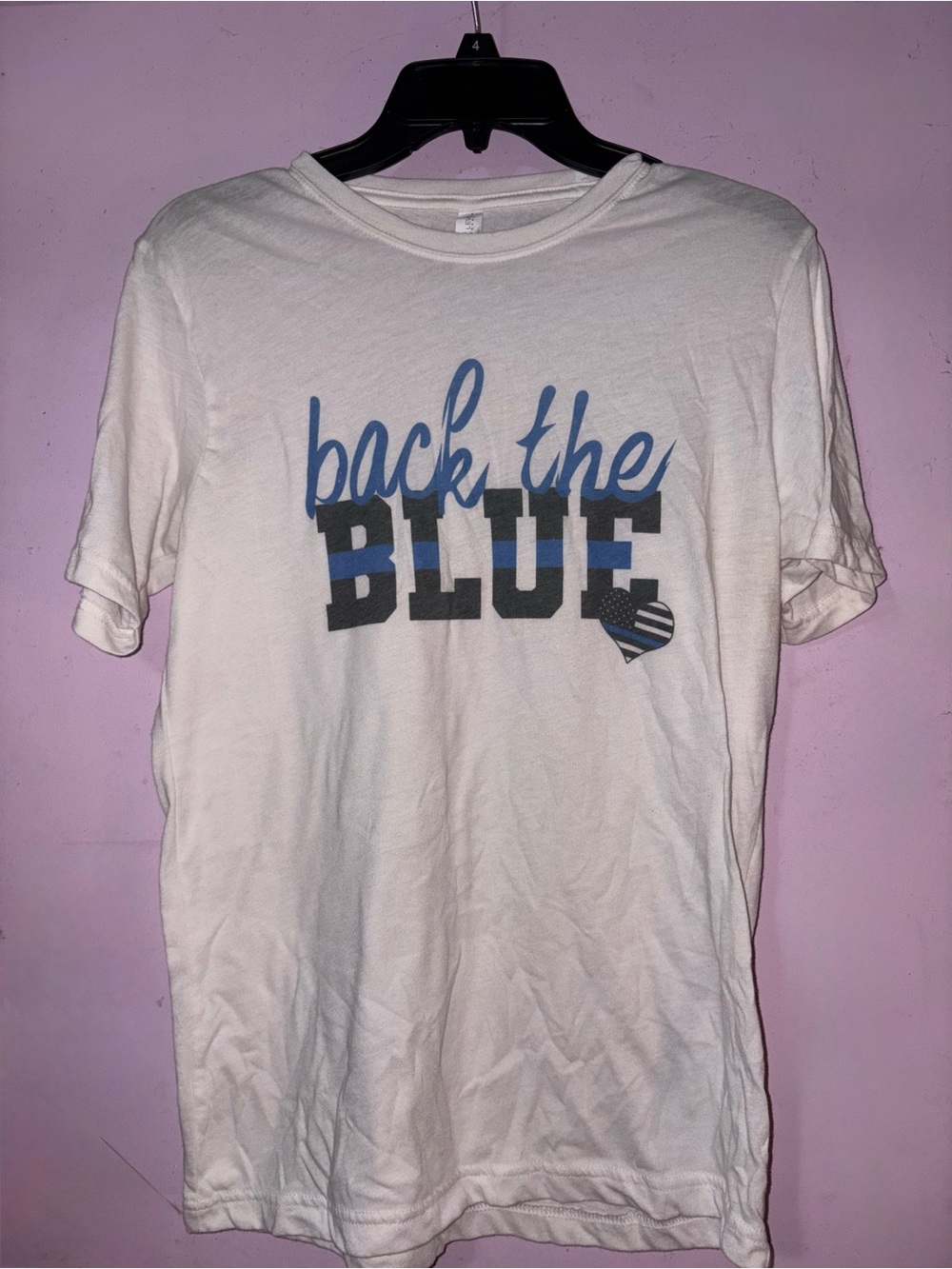 Next Level Apparel White Tee with Blue and Gray "Back the Blue" Graphic